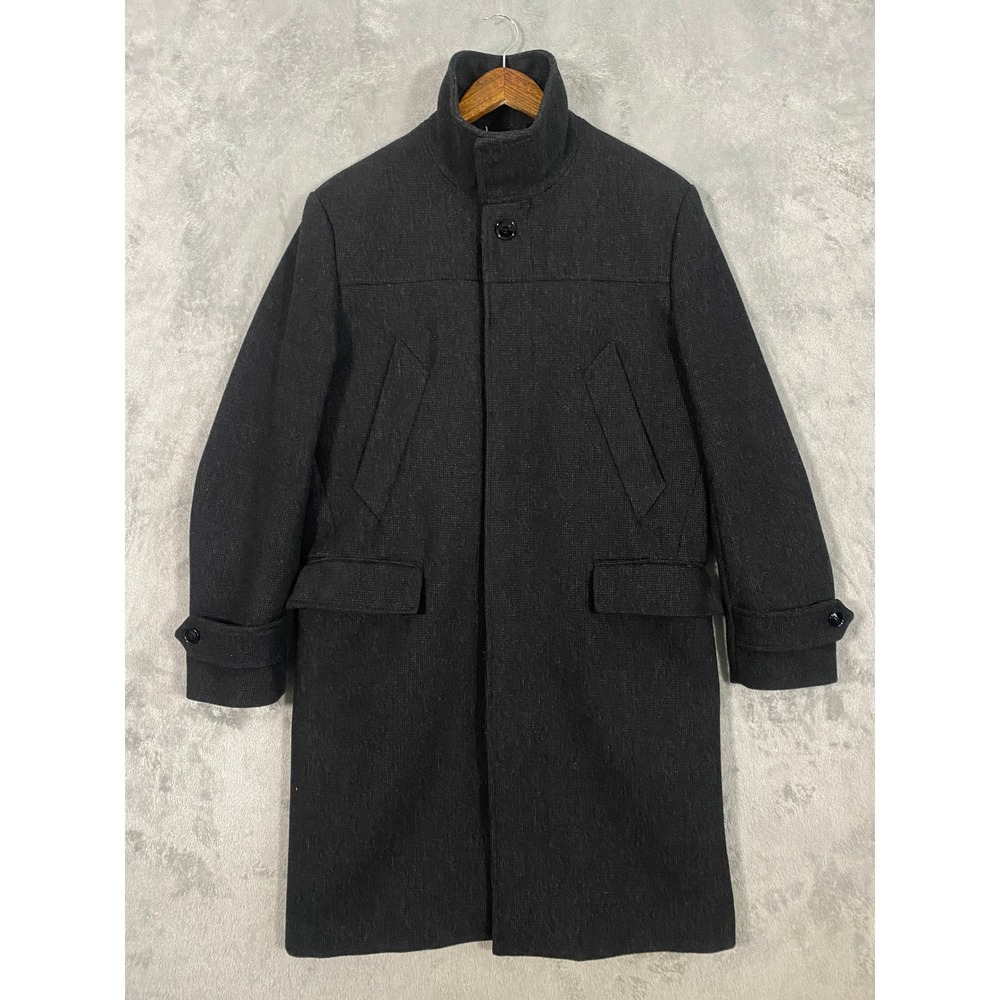 H&M Overcoat Mens 40R Charcoal Wool Blend Funnel Neck Textured Car Coat Jacket
